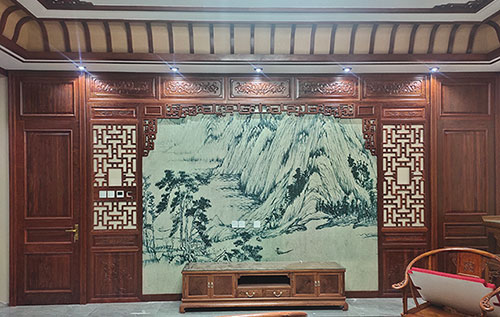 江宁中式仿古别墅客厅背景墙花格木作装饰